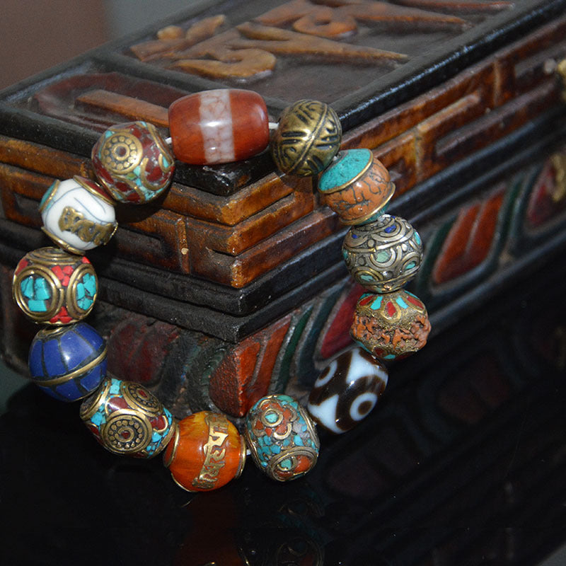 Three-Eyed Dzi Bead  Bodhi Seed Turquoise Bracelet