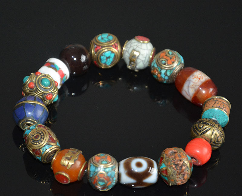 Three-Eyed Dzi Bead  Bodhi Seed Turquoise Bracelet