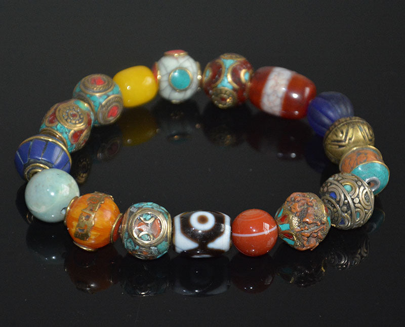 Three-Eyed Dzi Bead  Bodhi Seed Turquoise Bracelet