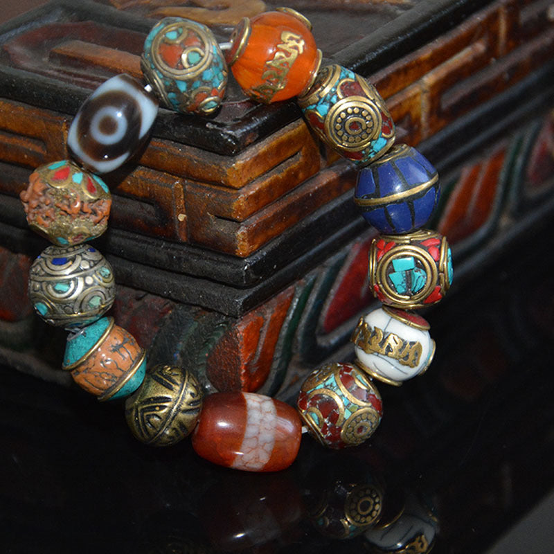 Three-Eyed Dzi Bead  Bodhi Seed Turquoise Bracelet