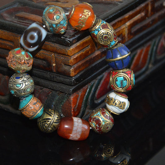 Three-Eyed Dzi Bead  Bodhi Seed Turquoise Bracelet