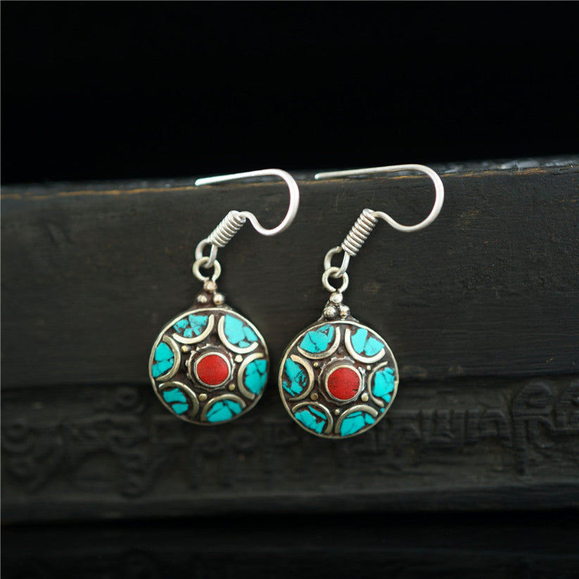 Handcrafted Tibetan Cultural Charm Turquoise Sterling Silver Earrings