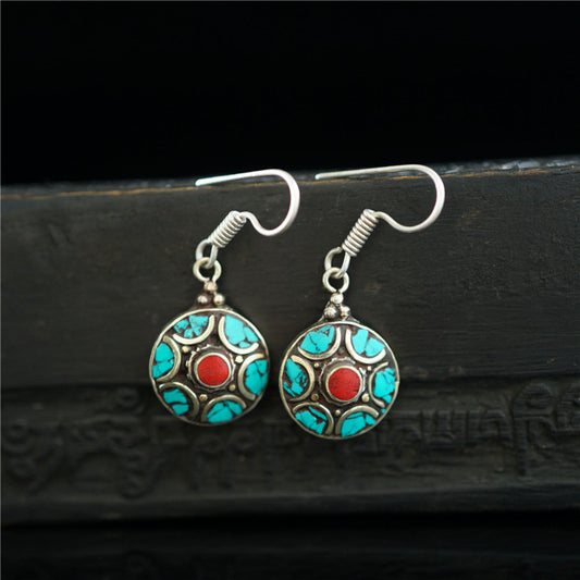 Handcrafted Tibetan Cultural Charm Turquoise Sterling Silver Earrings