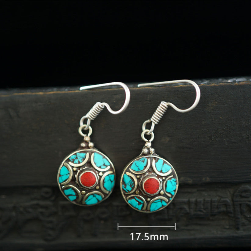 Handcrafted Tibetan Cultural Charm Turquoise Sterling Silver Earrings