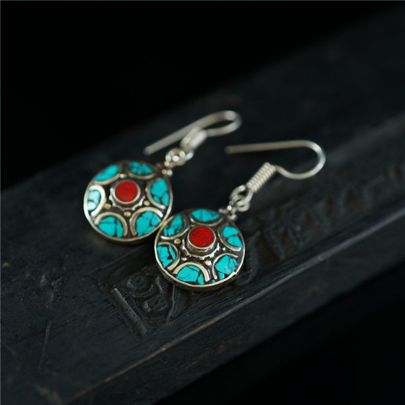 Handcrafted Tibetan Cultural Charm Turquoise Sterling Silver Earrings