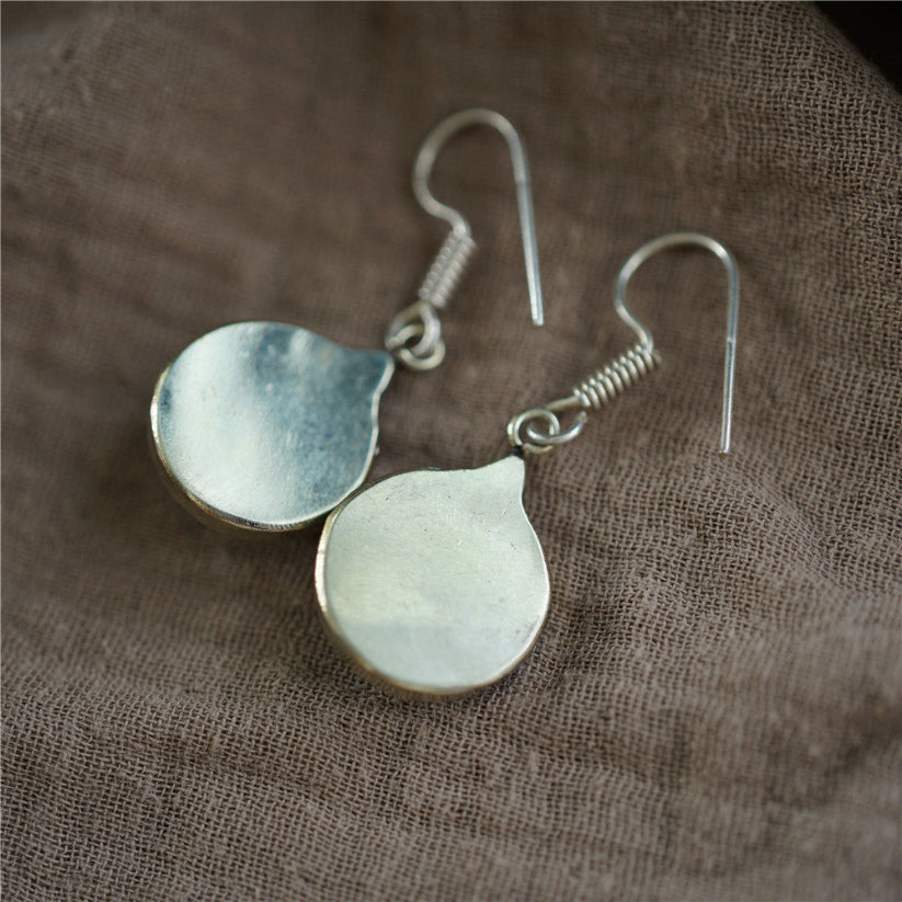 Handcrafted Tibetan Cultural Charm Turquoise Sterling Silver Earrings