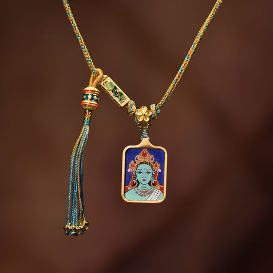 Hand-Painted Bodhisattva Tara Pendant Necklace – Tibetan Buddhist Goddess Jewelry