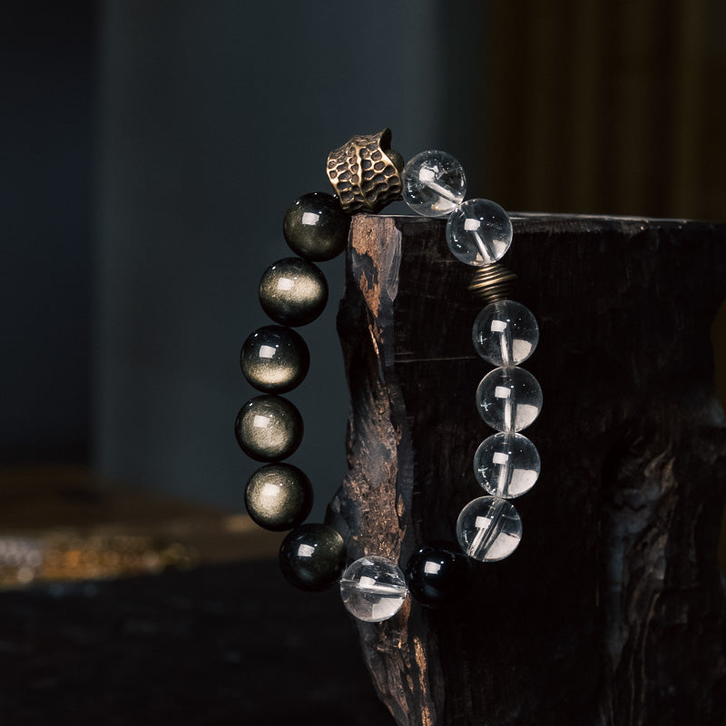 Wealth & Spiritual Clear Quartz & Golden Obsidian Bracelet