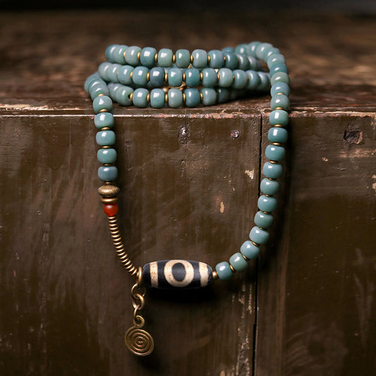 Wealth Green Bodhi Seed Dzi Bead Necklace – Spiritual Protection & Good Fortune Amulet