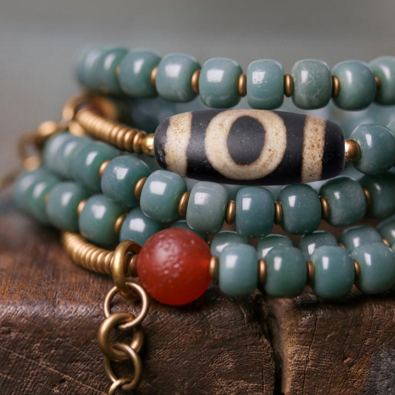 Wealth Green Bodhi Seed Dzi Bead Necklace – Spiritual Protection & Good Fortune Amulet