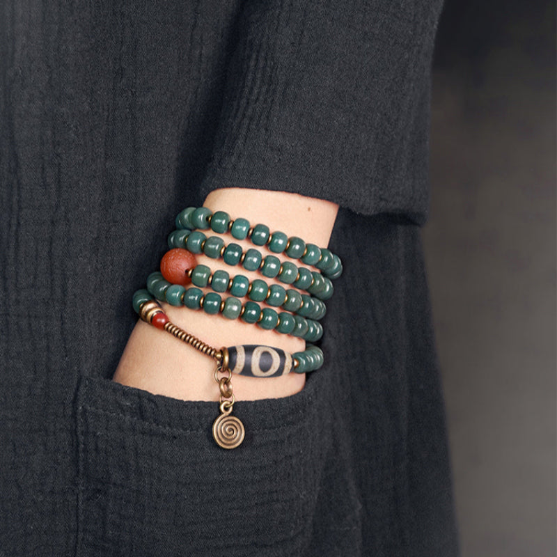 Wealth Green Bodhi Seed Dzi Bead Necklace – Spiritual Protection & Good Fortune Amulet