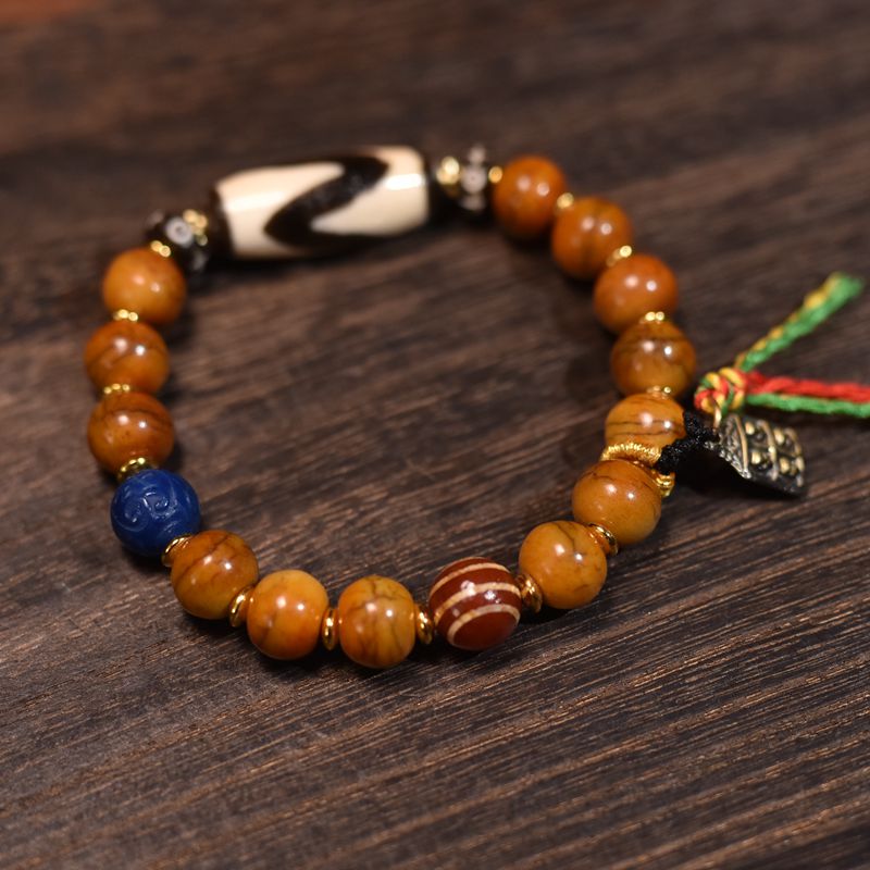 Tibetan-Style Ox Bone Bracelet with Tiger Eye Dzi Bead – Handcrafted Spiritual Protection Jewelry