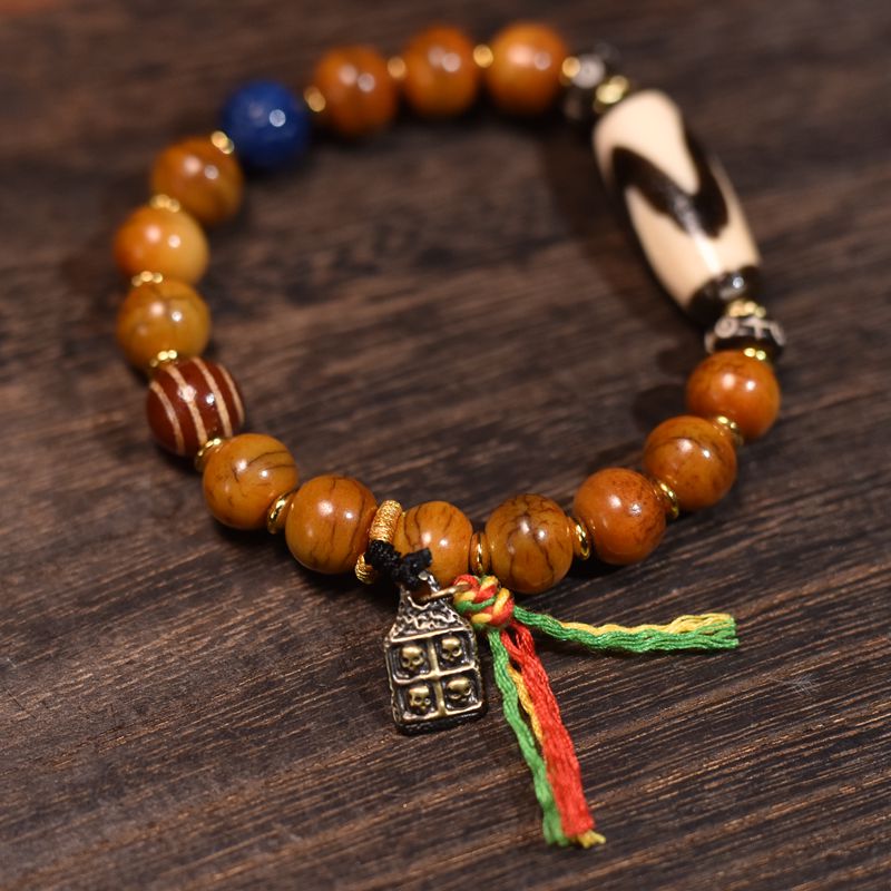 Tibetan-Style Ox Bone Bracelet with Tiger Eye Dzi Bead – Handcrafted Spiritual Protection Jewelry