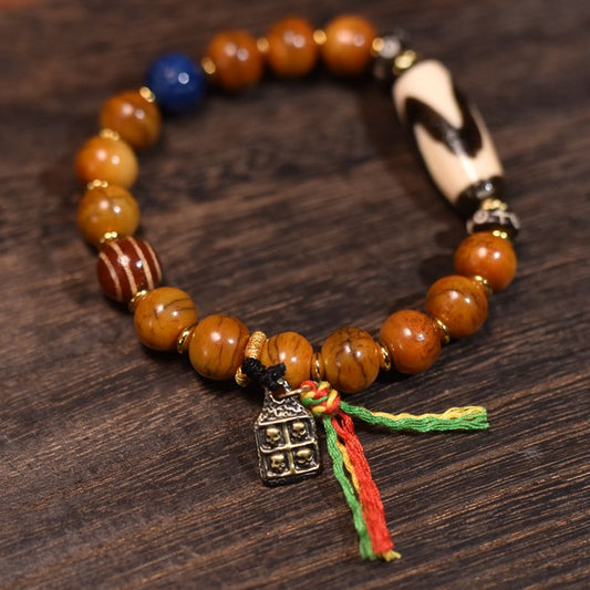 Tibetan-Style Ox Bone Bracelet with Tiger Eye Dzi Bead – Handcrafted Spiritual Protection Jewelry