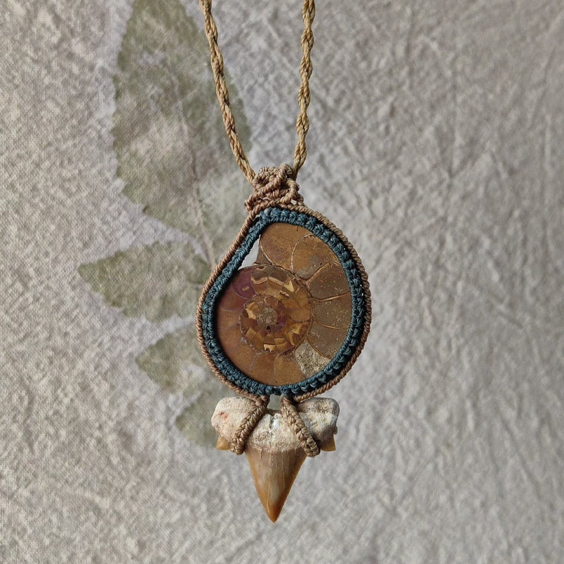 Ammonite Shark Tooth Hand-woven Rope Pendant