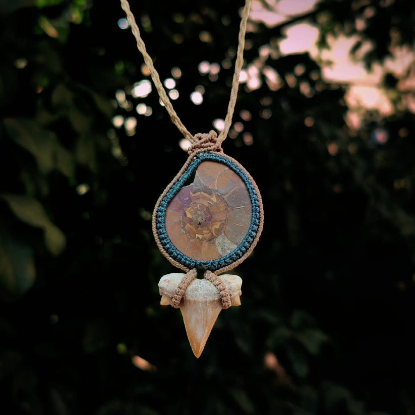 Ammonite Shark Tooth Hand-woven Rope Pendant