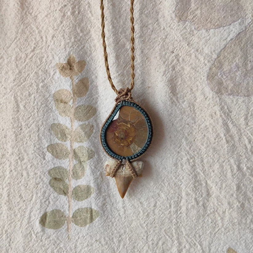 Ammonite Shark Tooth Hand-woven Rope Pendant