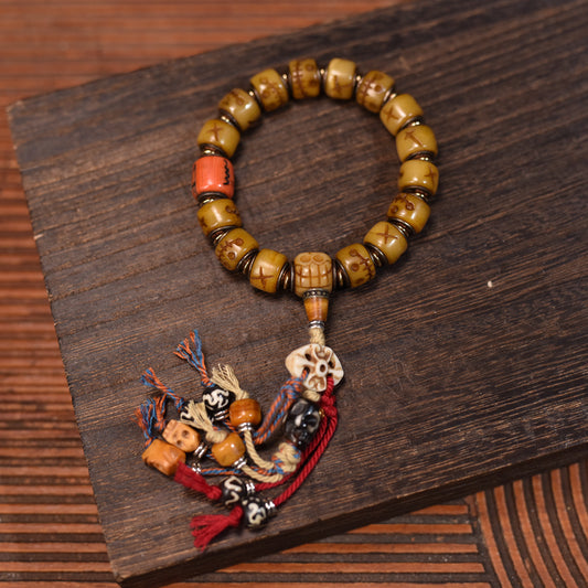 Tibetan Yak Bone Bracelet with Handwoven Tassels –Handmade Buddhist Mala