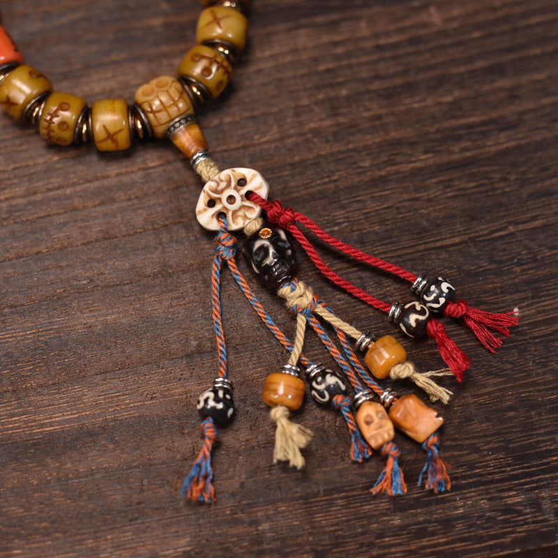 Tibetan Yak Bone Bracelet with Handwoven Tassels –Handmade Buddhist Mala