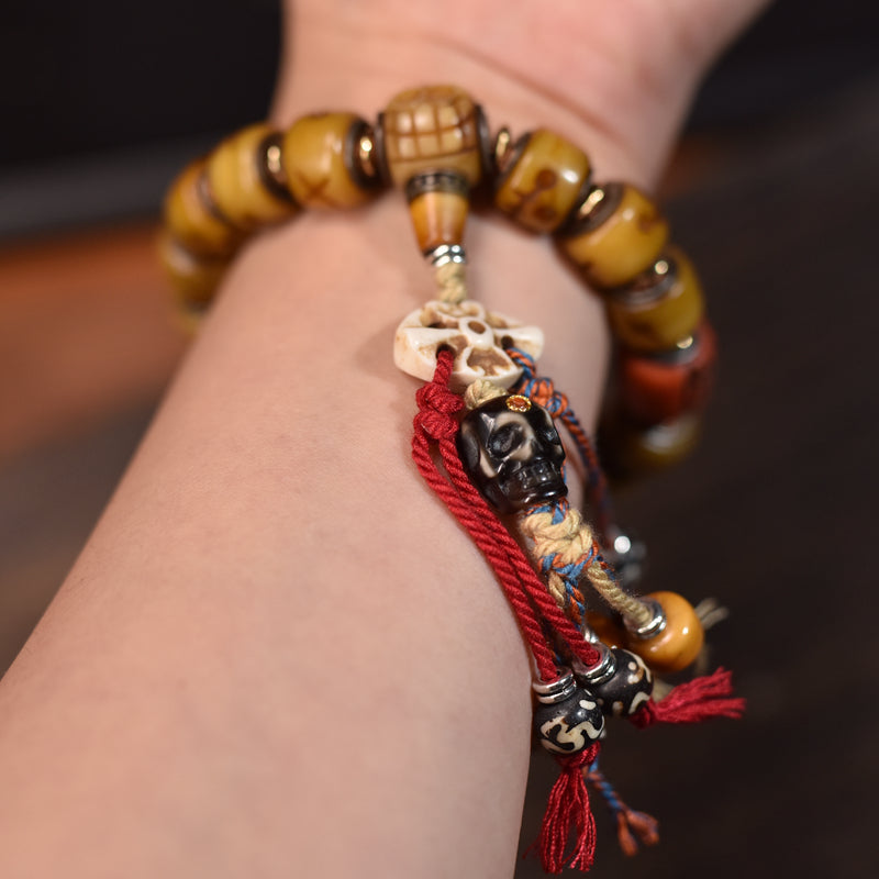 Tibetan Yak Bone Bracelet with Handwoven Tassels –Handmade Buddhist Mala