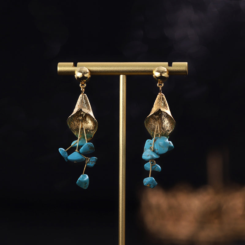 Vintage Leaf Wrapped Turquoise Tassel Gold Stud Earrings