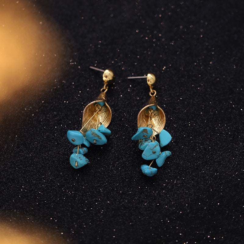 Vintage Leaf Wrapped Turquoise Tassel Gold Stud Earrings