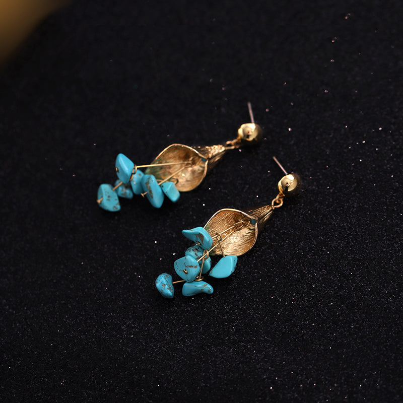 Vintage Leaf Wrapped Turquoise Tassel Gold Stud Earrings