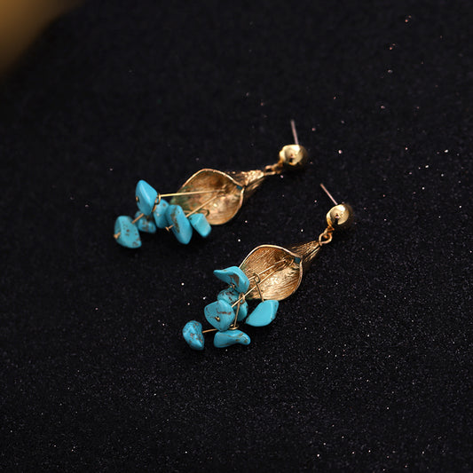 Vintage Leaf Wrapped Turquoise Tassel Gold Stud Earrings