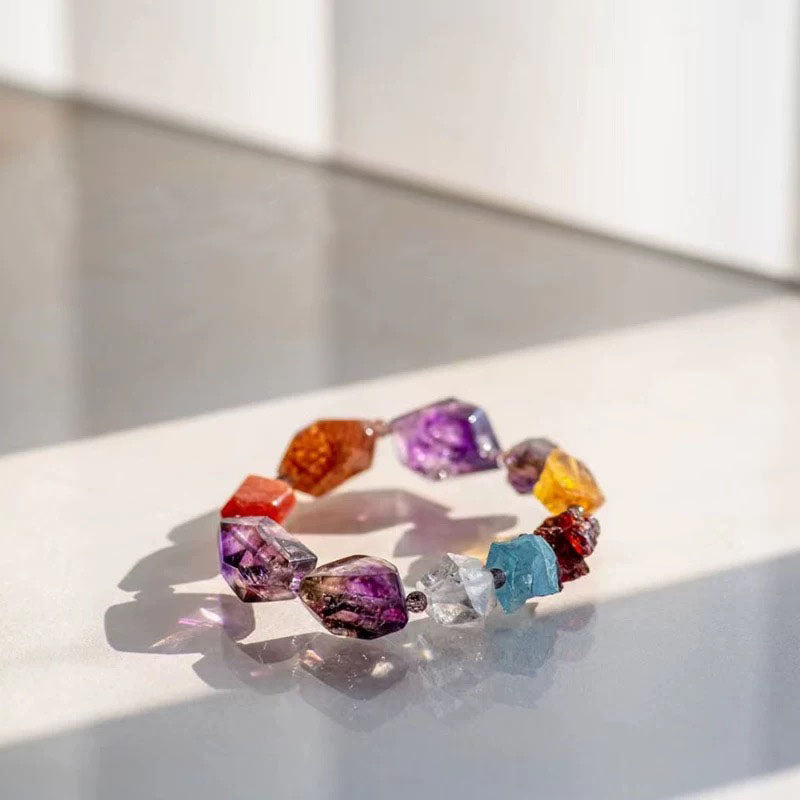 Positive Energy Natural Rough Stone Crystal Bracelet Golden Sun Aquamarine Chthonic Garnet Bracelet
