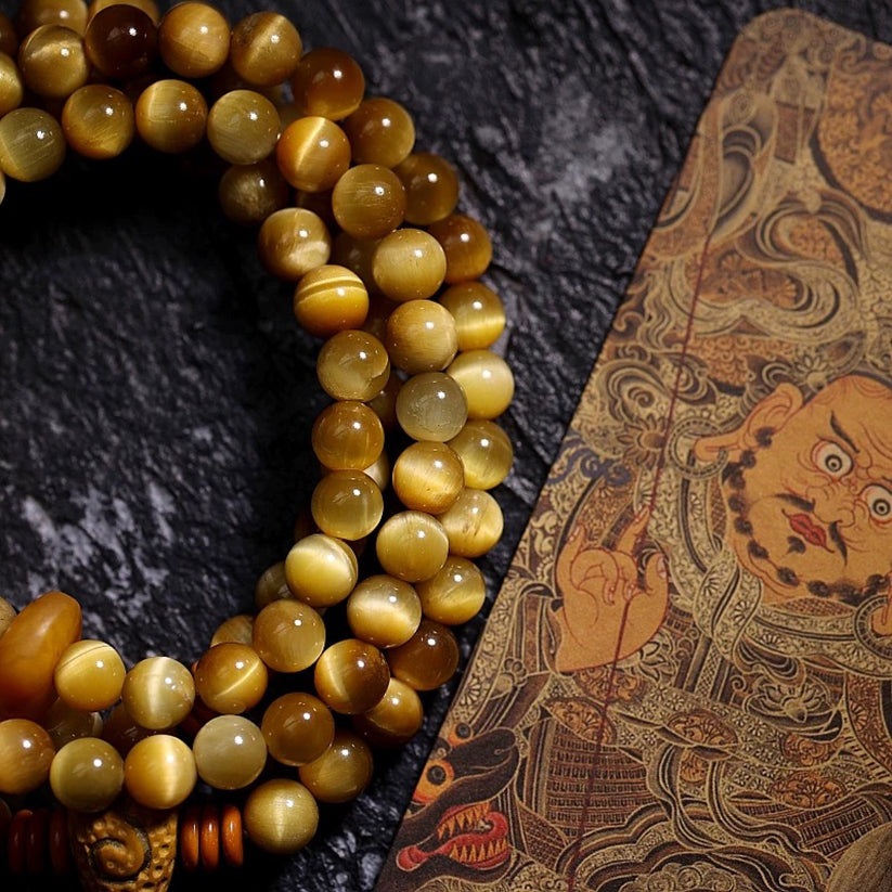 Tibetan Bring Wealth 108 Beads Tiger Eye Stone Amber Necklace