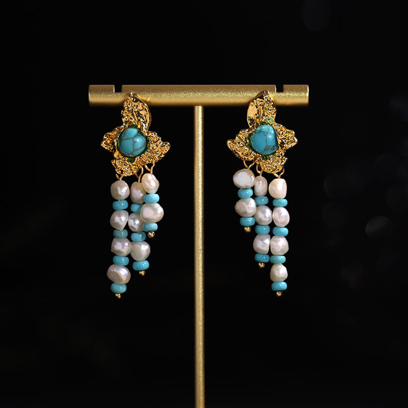 Pearl turquoise tassel golden flower stud earrings
