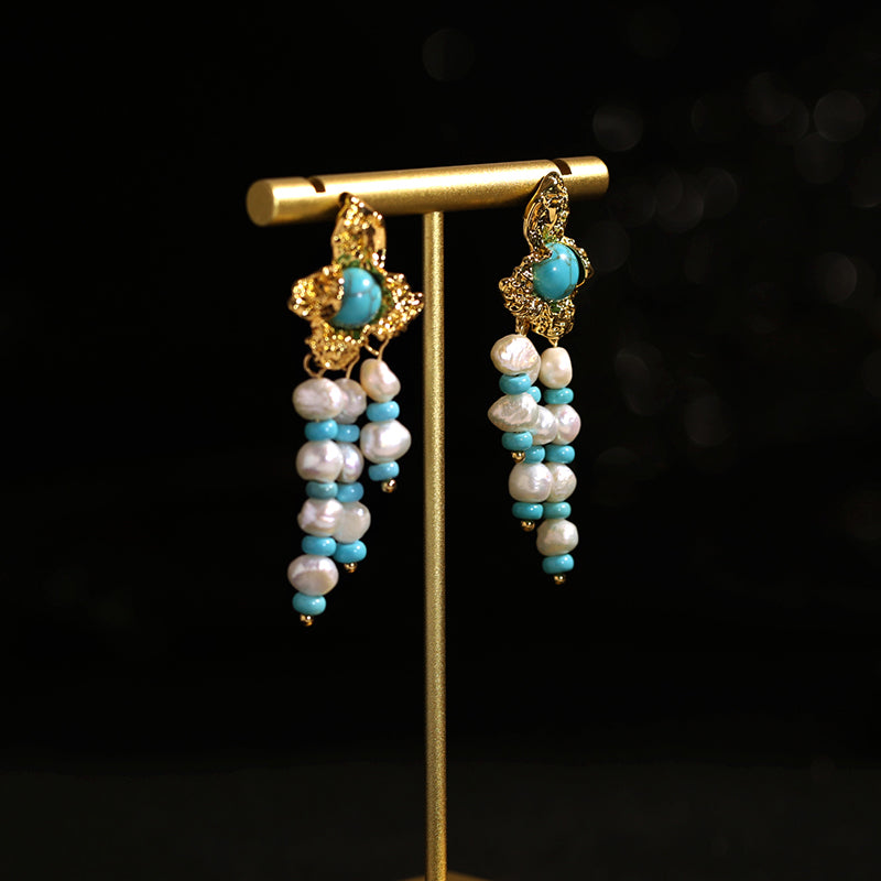 Pearl turquoise tassel golden flower stud earrings