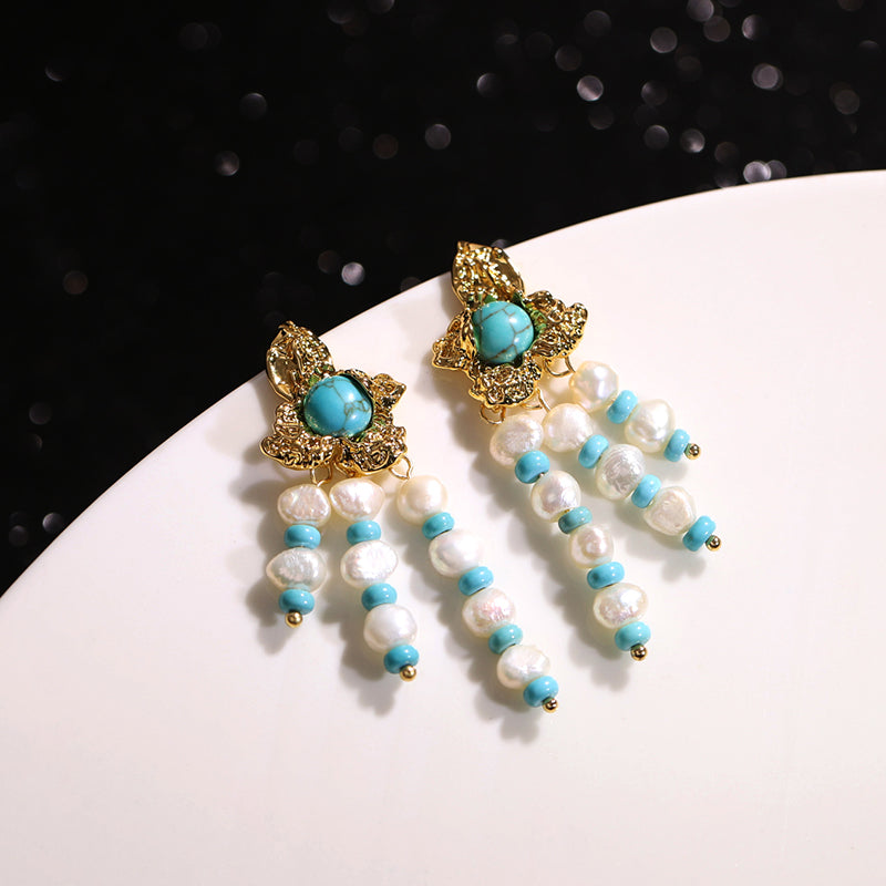 Pearl turquoise tassel golden flower stud earrings