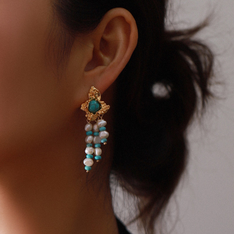 Pearl turquoise tassel golden flower stud earrings