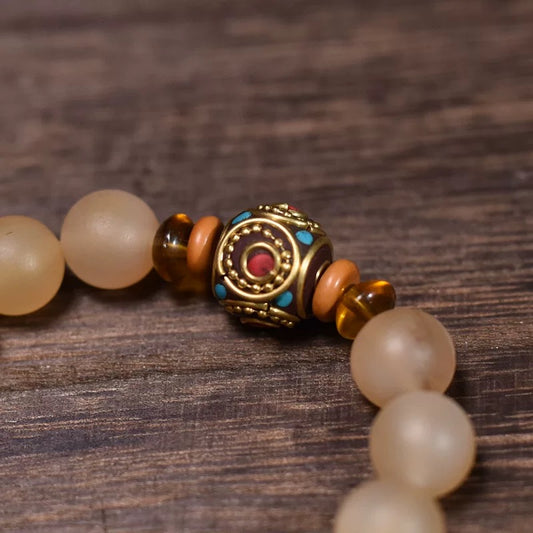 Tibetan Natural Goat Horn Buddhist Beads Peace Buckle Bracelet