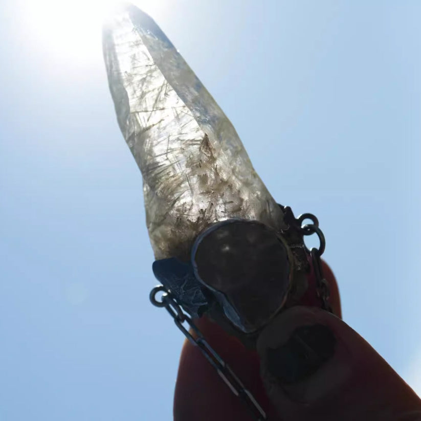 Sacred Spiral White Crystal with Himalayan Rutilated Quartz Raw Stone