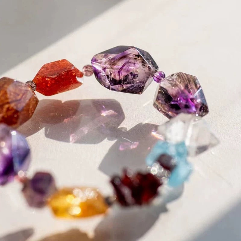 Positive Energy Natural Rough Stone Crystal Bracelet Golden Sun Aquamarine Chthonic Garnet Bracelet