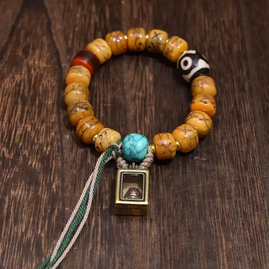 Bone Bead Bracelet with Dzi Beads & Tashi Karam Gau Box