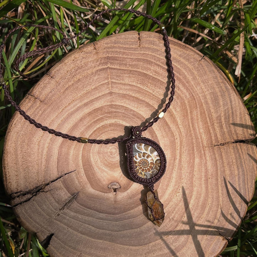 Macrame Ammonite Pendant with Citrine