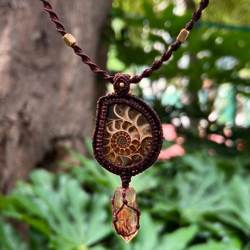 Macrame Ammonite Pendant with Citrine