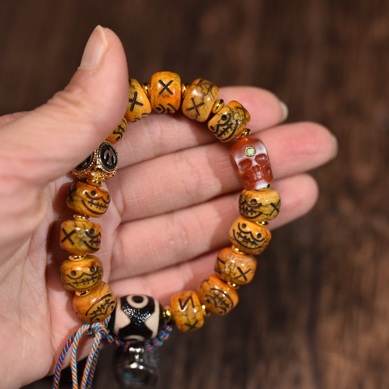 Bone Bead Bracelet with Dzi Beads & Tashi Karam Gau Box