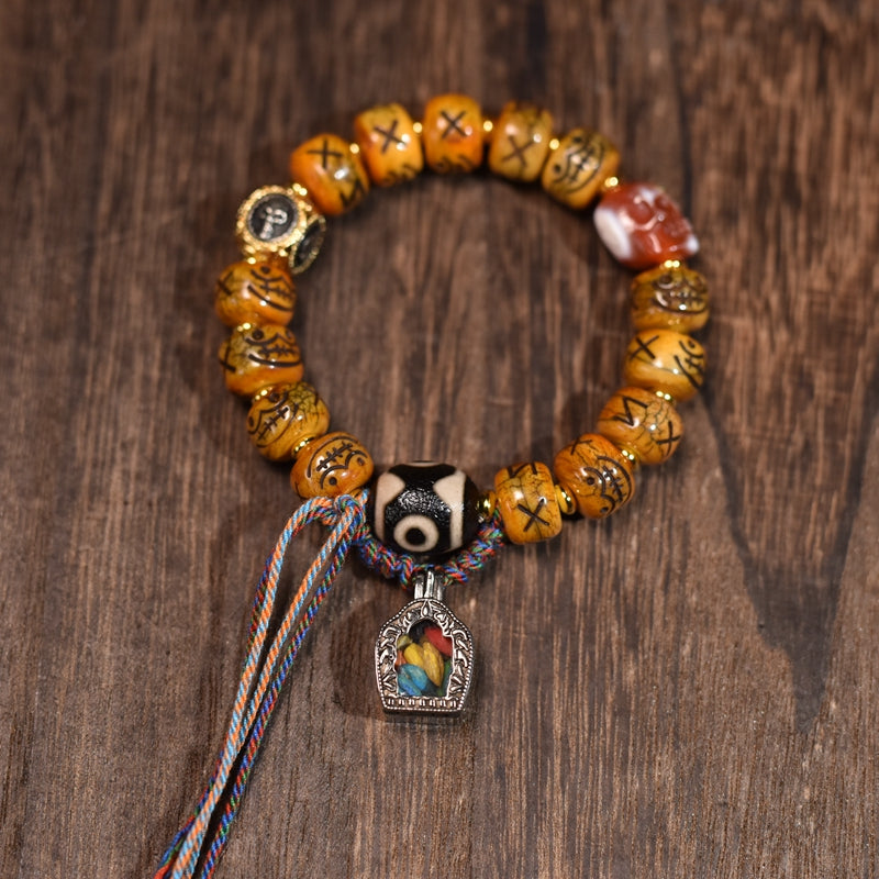 Bone Bead Bracelet with Dzi Beads & Tashi Karam Gau Box
