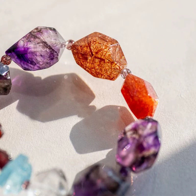 Positive Energy Natural Rough Stone Crystal Bracelet Golden Sun Aquamarine Chthonic Garnet Bracelet