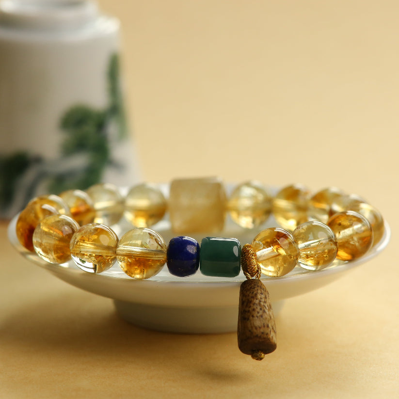 Wealth & Harmony Citrine Tower Yellow Rutilated Quartz Jade Agarwood Bracelet