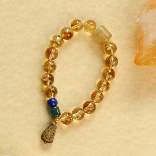 Wealth & Harmony Citrine Tower Yellow Rutilated Quartz Jade Agarwood Bracelet