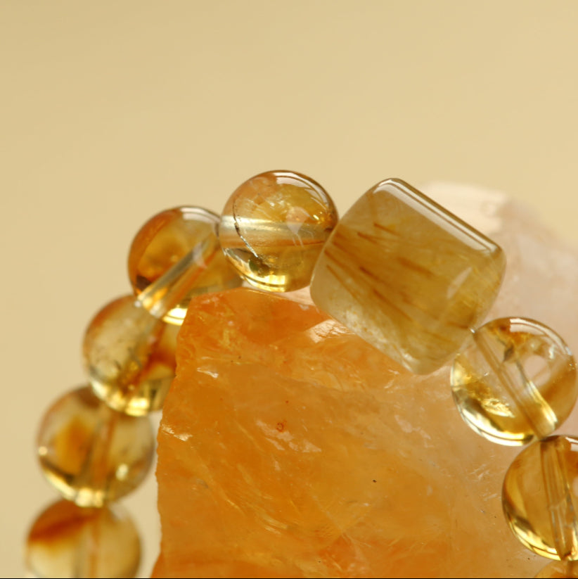 Wealth & Harmony Citrine Tower Yellow Rutilated Quartz Jade Agarwood Bracelet