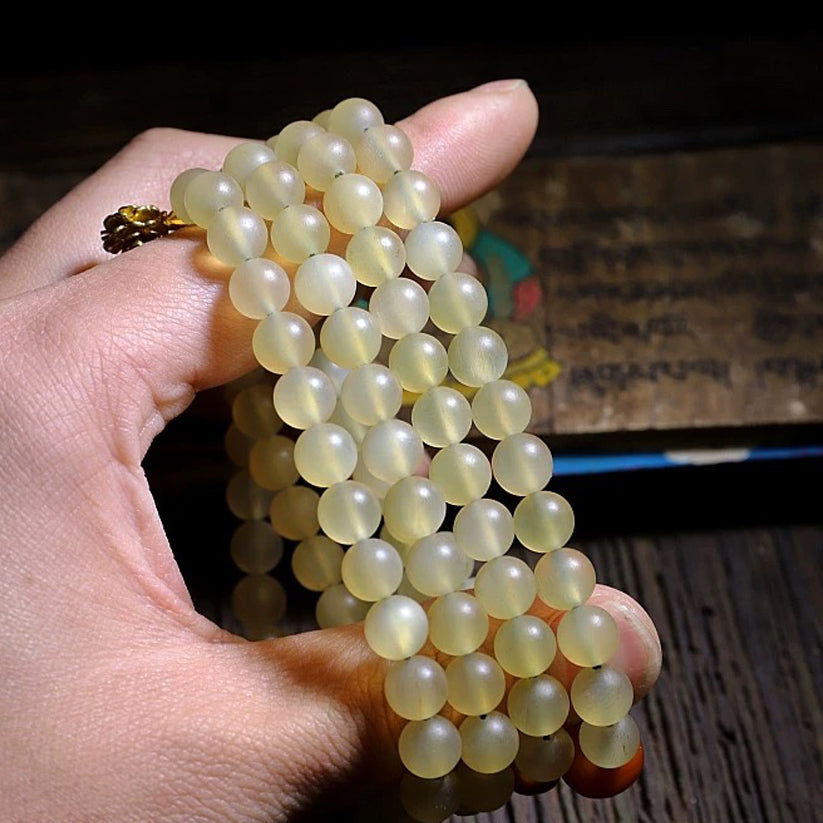Guardian Yak Bone and Amber Blessing 108 Mala Beads Necklace
