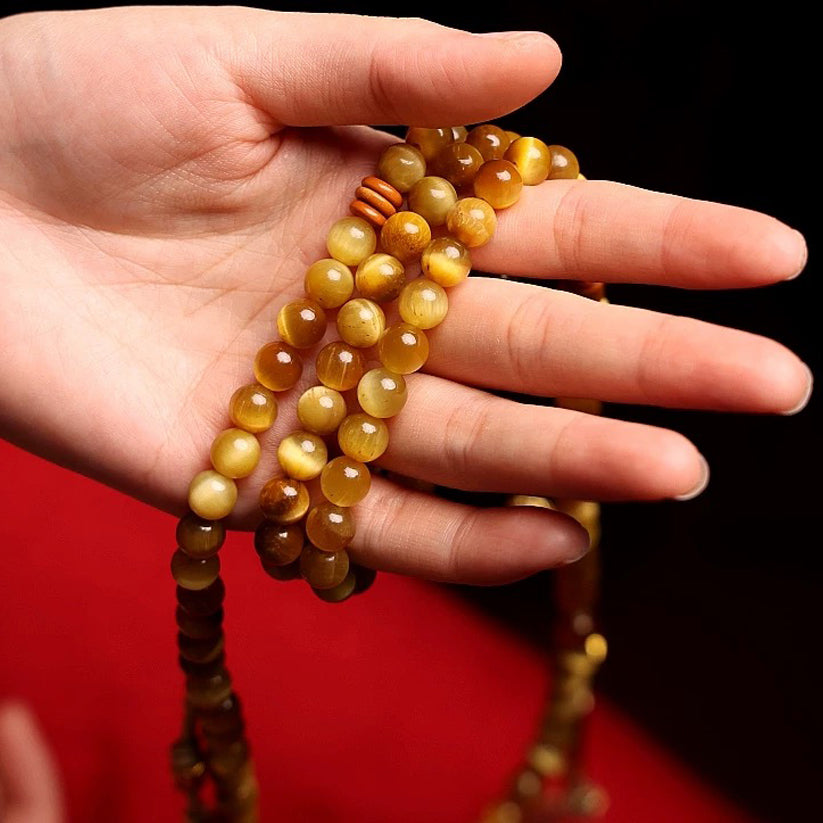 Tibetan Bring Wealth 108 Beads Tiger Eye Stone Amber Necklace
