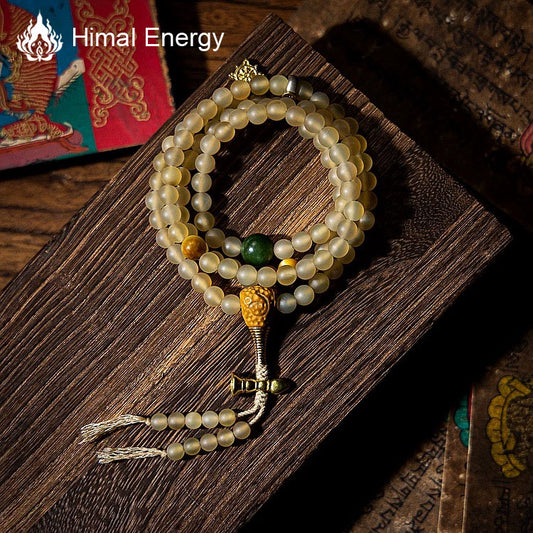 Guardian Plateau Goat Horn and Amber Blessing 108 Mala Beads Necklace