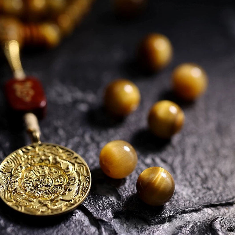 Tibetan Bring Wealth 108 Beads Tiger Eye Stone Amber Necklace